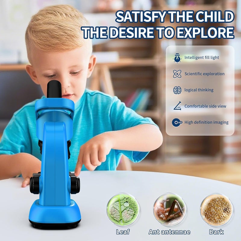 WSDMIC Microscope for Kids Scientific Experiment Kit 40X-1600X Magnification LED Light Educational STEM Kit with Slides and Lab Tools (Blue) - Image 3